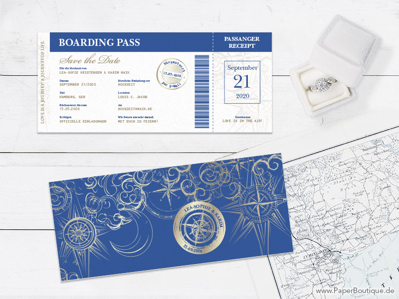 Save-the-Date mit Stempel als Boarding Pass