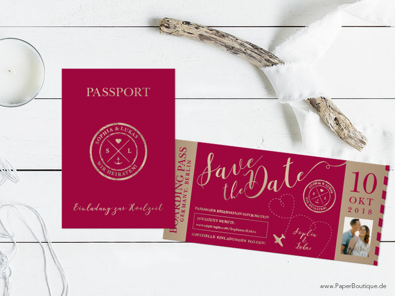 Einladungskarte zur Hochzeit als Reisepass mit Boarding Pass