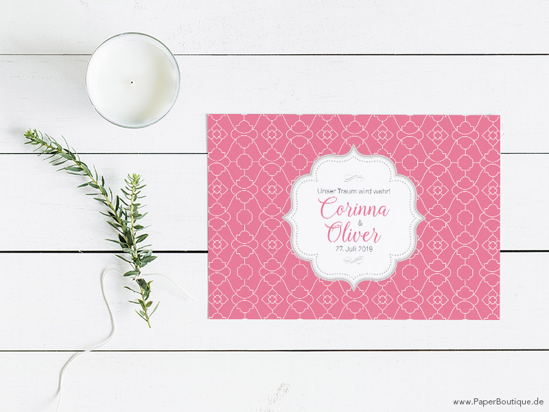 Einladungskarte zur Hochzeit im vintage Stil in rosa