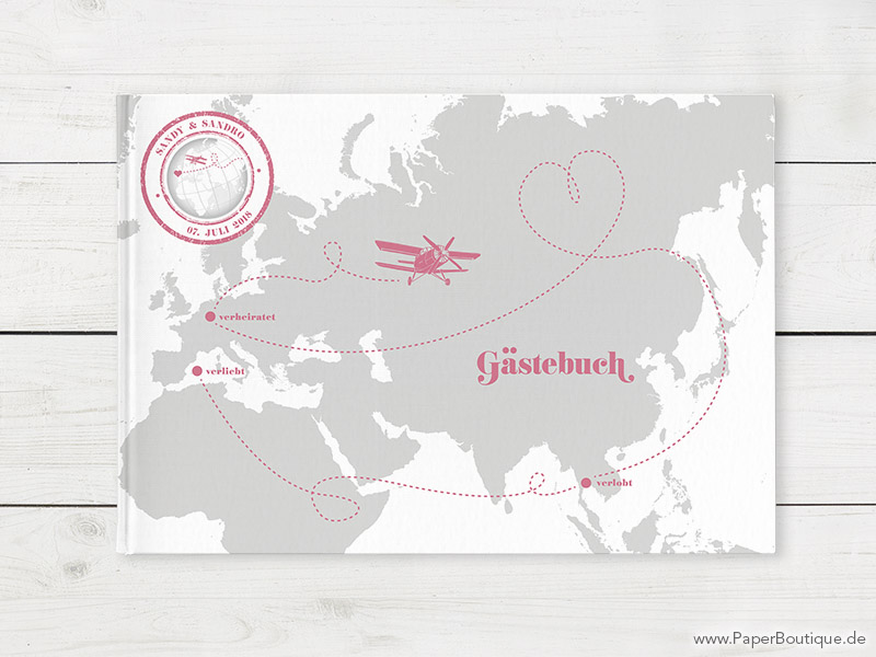 Gästebuch zur Hochzeit mit Weltkarte in grau