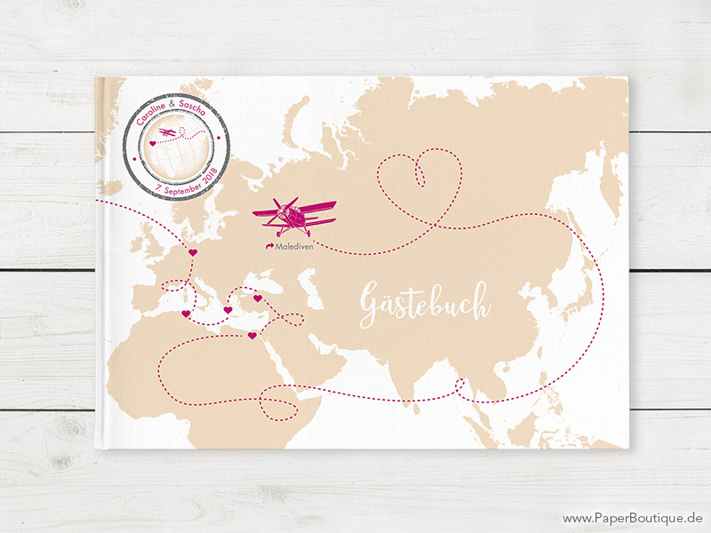 Gästebuch mit Weltkarte in rosa
