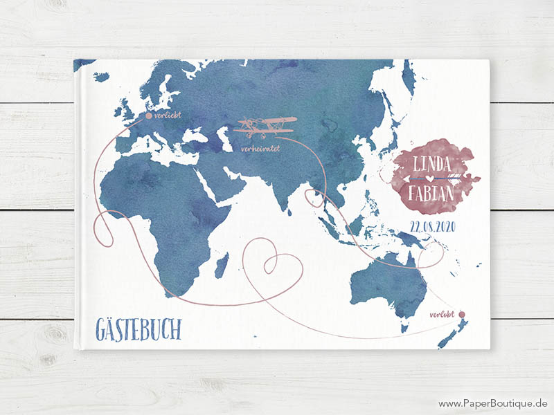 Gästebuch mit Weltkarte in dunkelblau