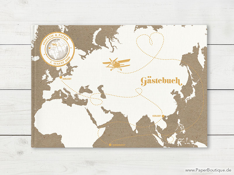 Gästebuch zur Hochzeit mit Weltkarte in Kraftpapier Optik