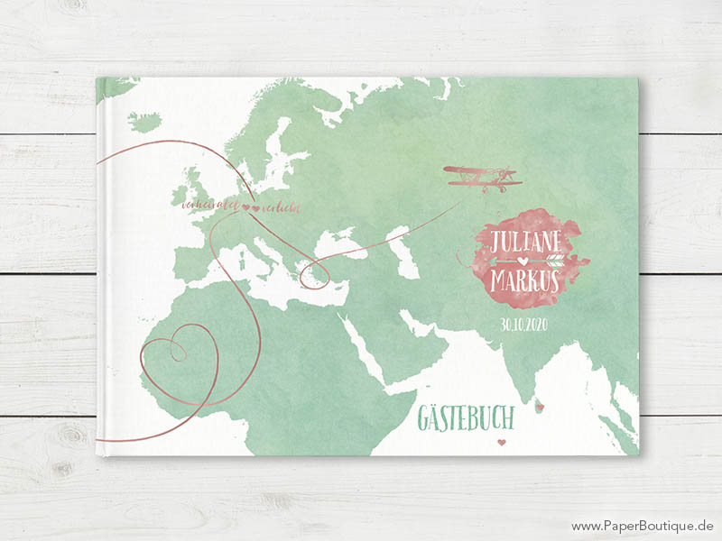 Gästebuch zur Hochzeit mit Weltkarte in rosegold