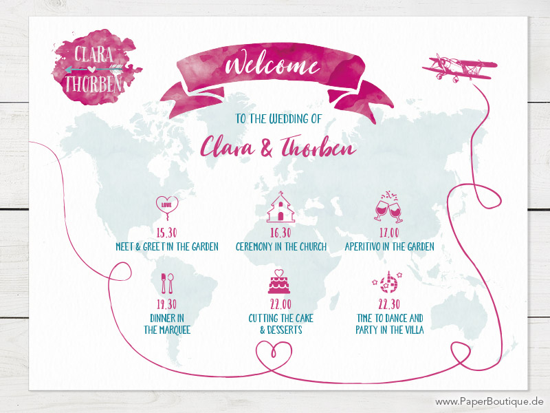 Herzlich Willkommen Schild zur Hochzeit mit Weltkarte