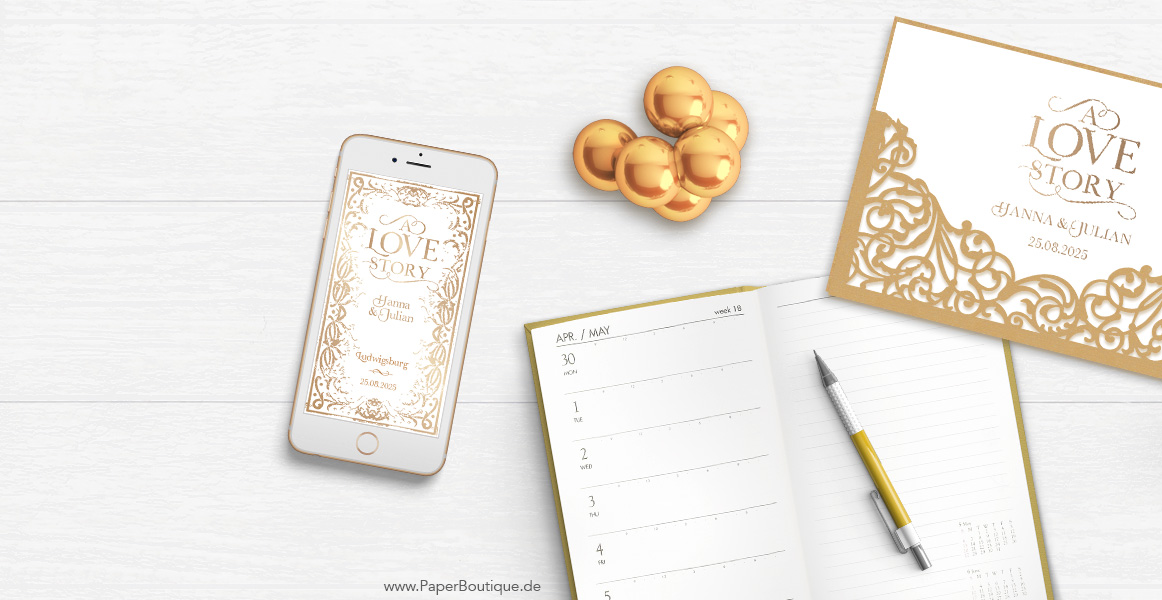 Digitale Save-the-Date in gold zur Hochzeit mit Lasercut