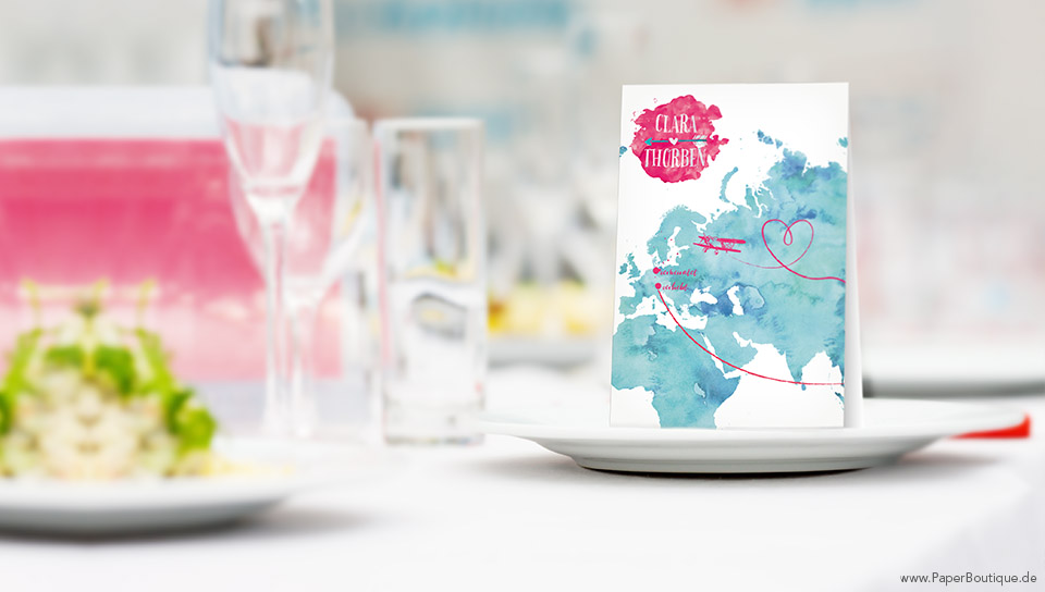Hochzeitskarte als Hochzeitseinladung mit Weltkarte