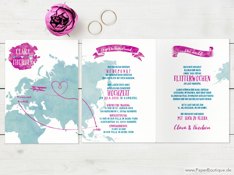 Hochzeitskarten zur Weltreise mit Weltkarte
