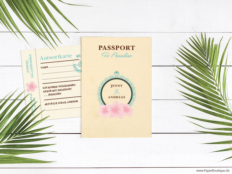 Hochzeitskarte als Reisepass mit Kraftpapier ind Hawaii Optik