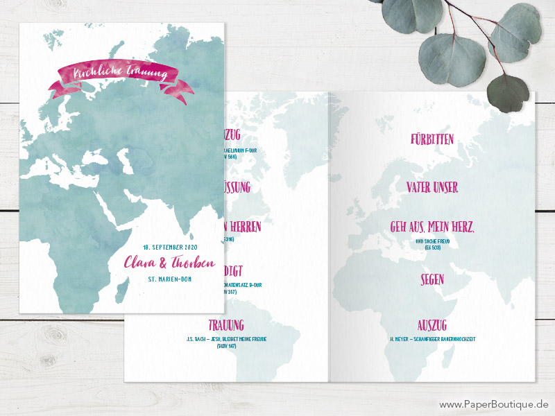 Kirchenhefte zur Hochzeit mit Weltkarte