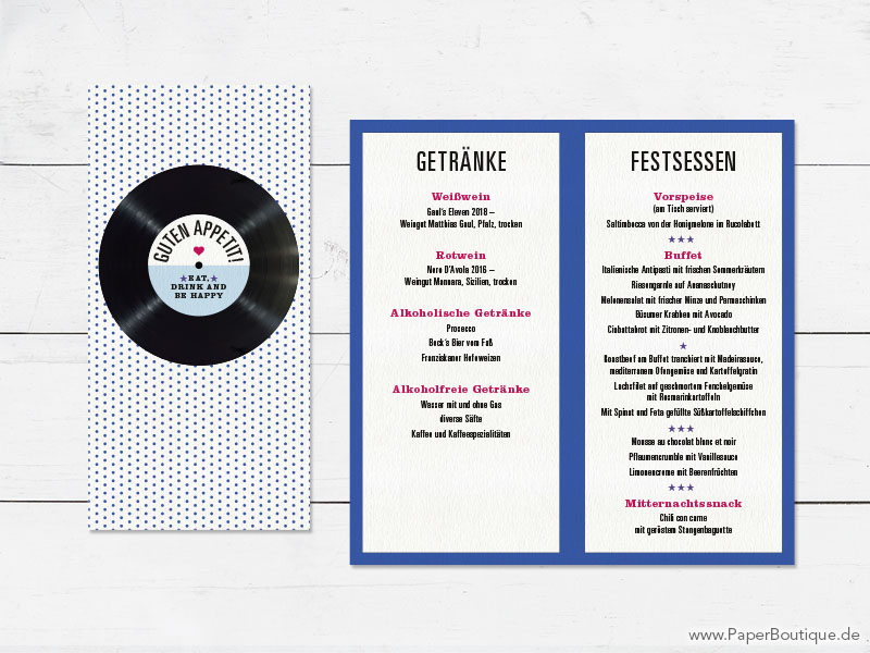 Menükarten zur Hochzeit mit Musik Vinyl