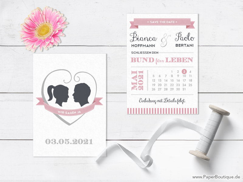 Save-the-Date Karten mit Kalender und Bilder Brautpaar