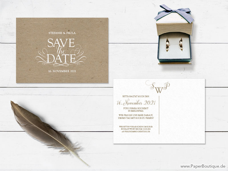 Rustikale Save-the-Date zur Hochzeit mit Kraftpapier