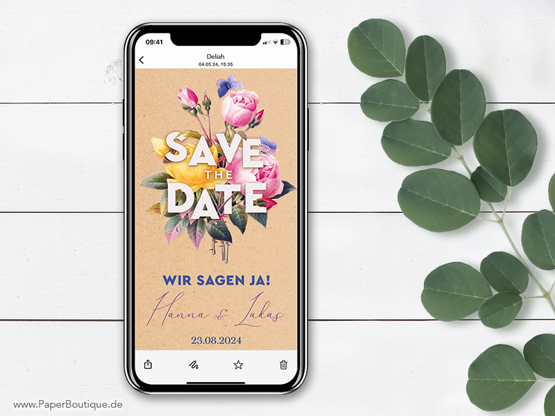 iPhone mit Whatsapp Save the Date zur Hochzeit mit Blumen